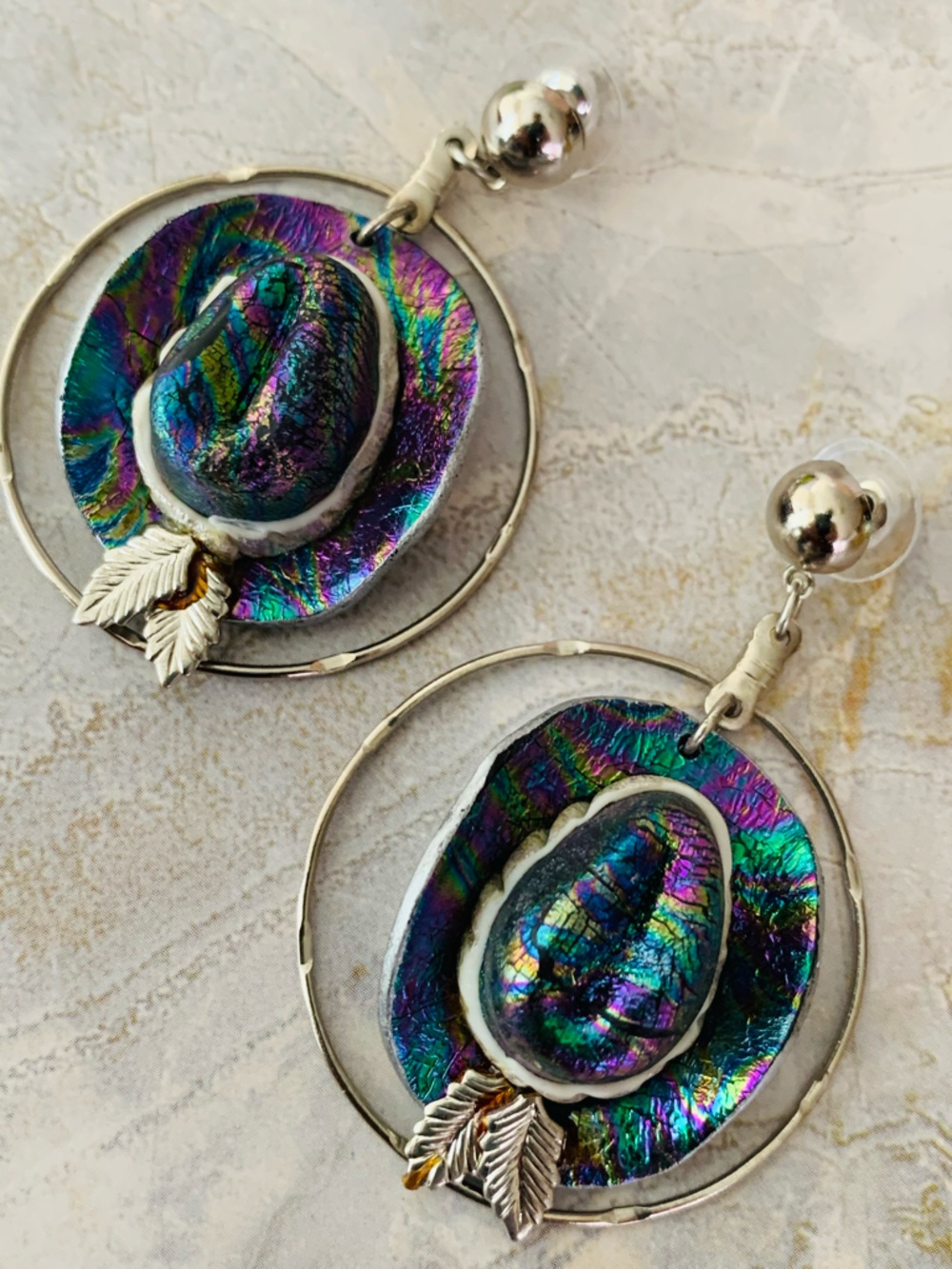 Iridescent Multicolor Cowboy Hat Statement Drop Earrings
